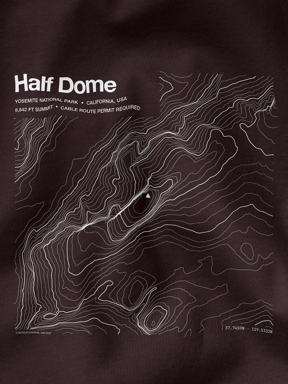 Close-up of the Half Dome topographic map printed on the T-shirt