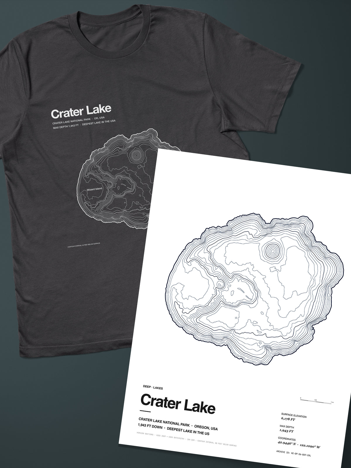 Crater Lake Complete Edition: bathymetric map T-shirt in Dark Grey