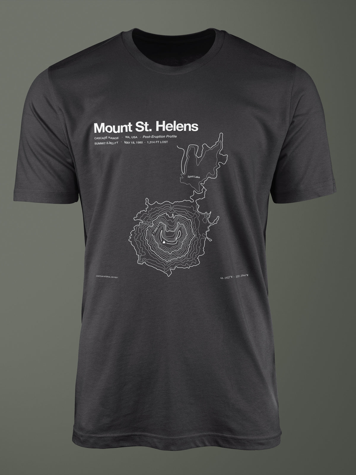Mount St. Helens silhouette topographic map T-shirt in Dark Grey