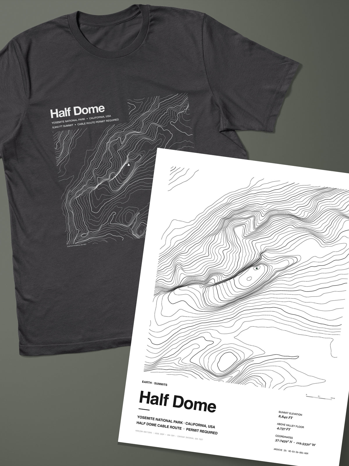 Half Dome Complete Edition: topographic map T-shirt in Dark Grey