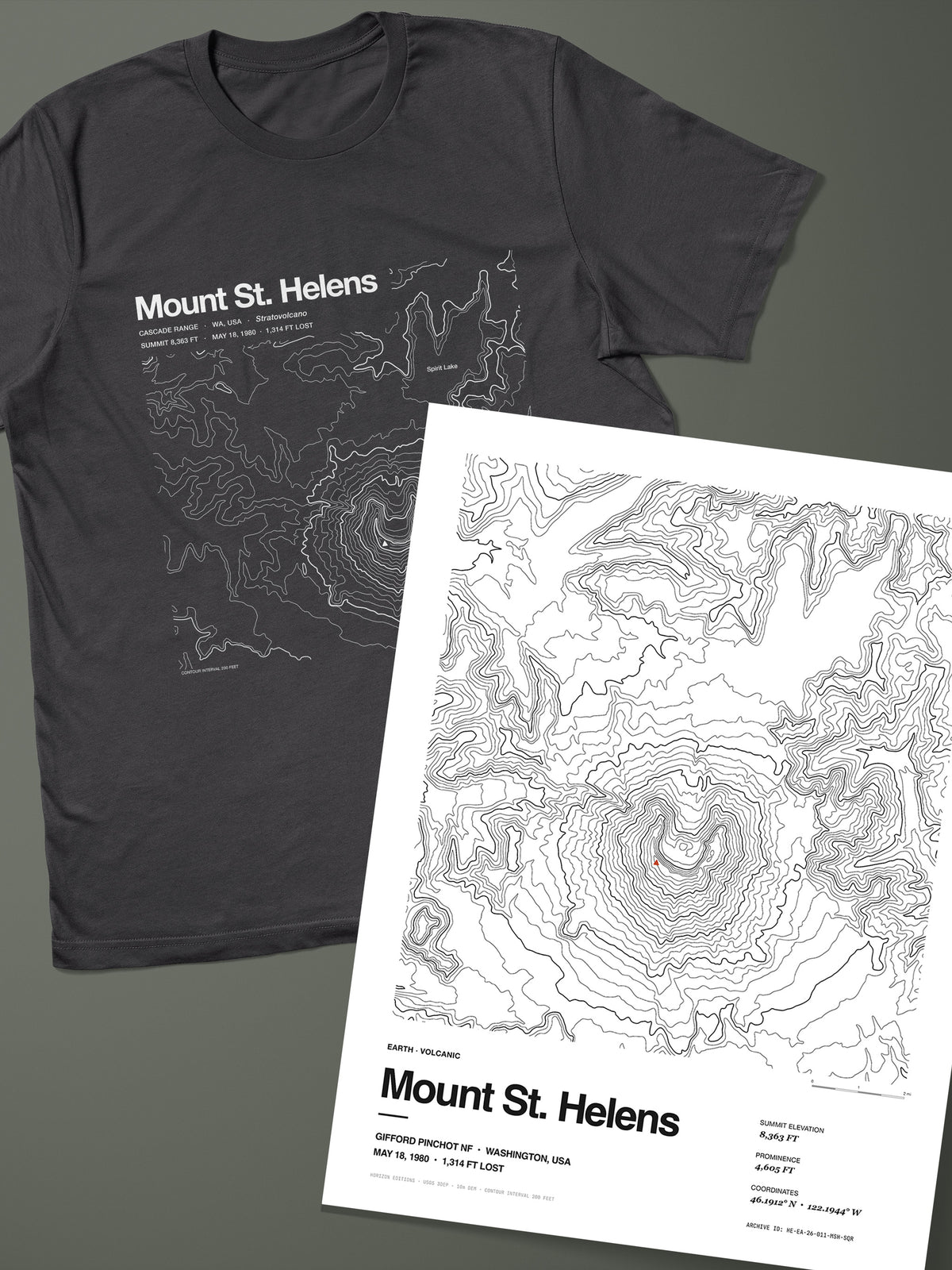Mount St. Helens Complete Edition: topographic map T-shirt in Dark Grey
