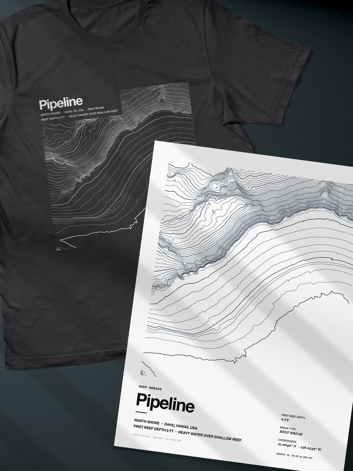 Pipeline (Banzai Reef) Complete Edition - matched contour tee and archival print - Horizon Editions.