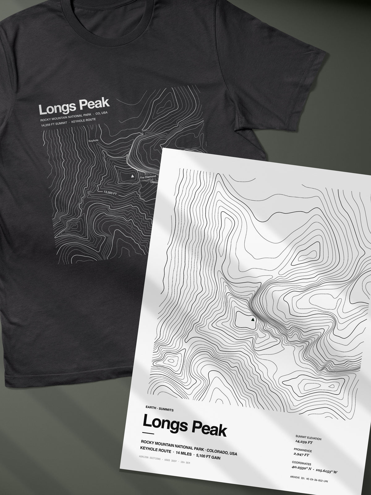 Longs Peak Complete Edition - matched contour tee and archival print - Horizon Editions.