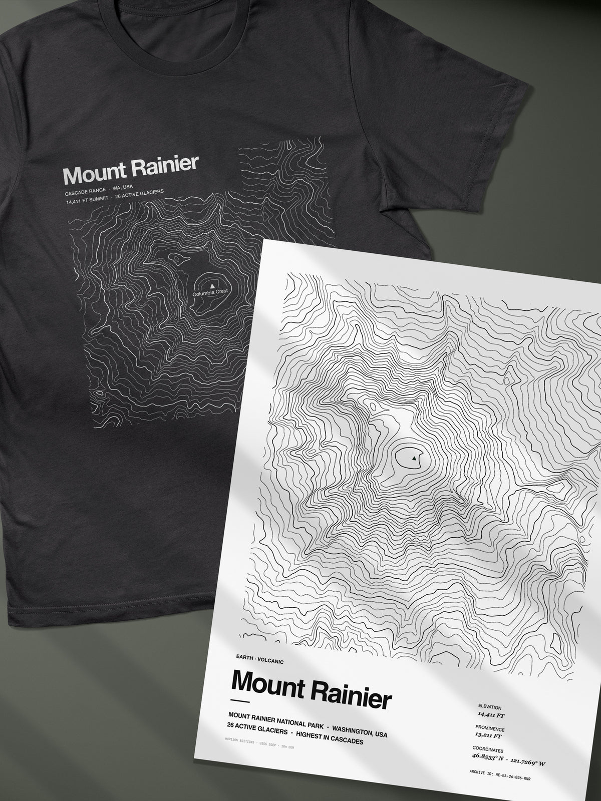 Mount Rainier Complete Edition - matched contour tee and archival print - Horizon Editions.