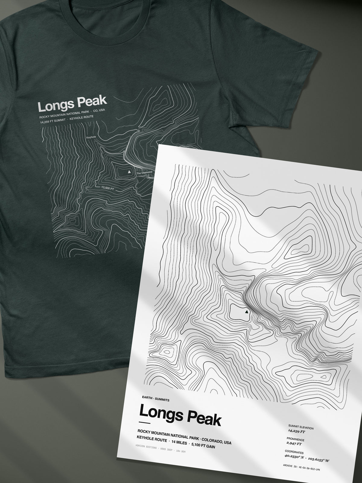Longs Peak Complete Edition - matched contour tee and archival print - Horizon Editions.