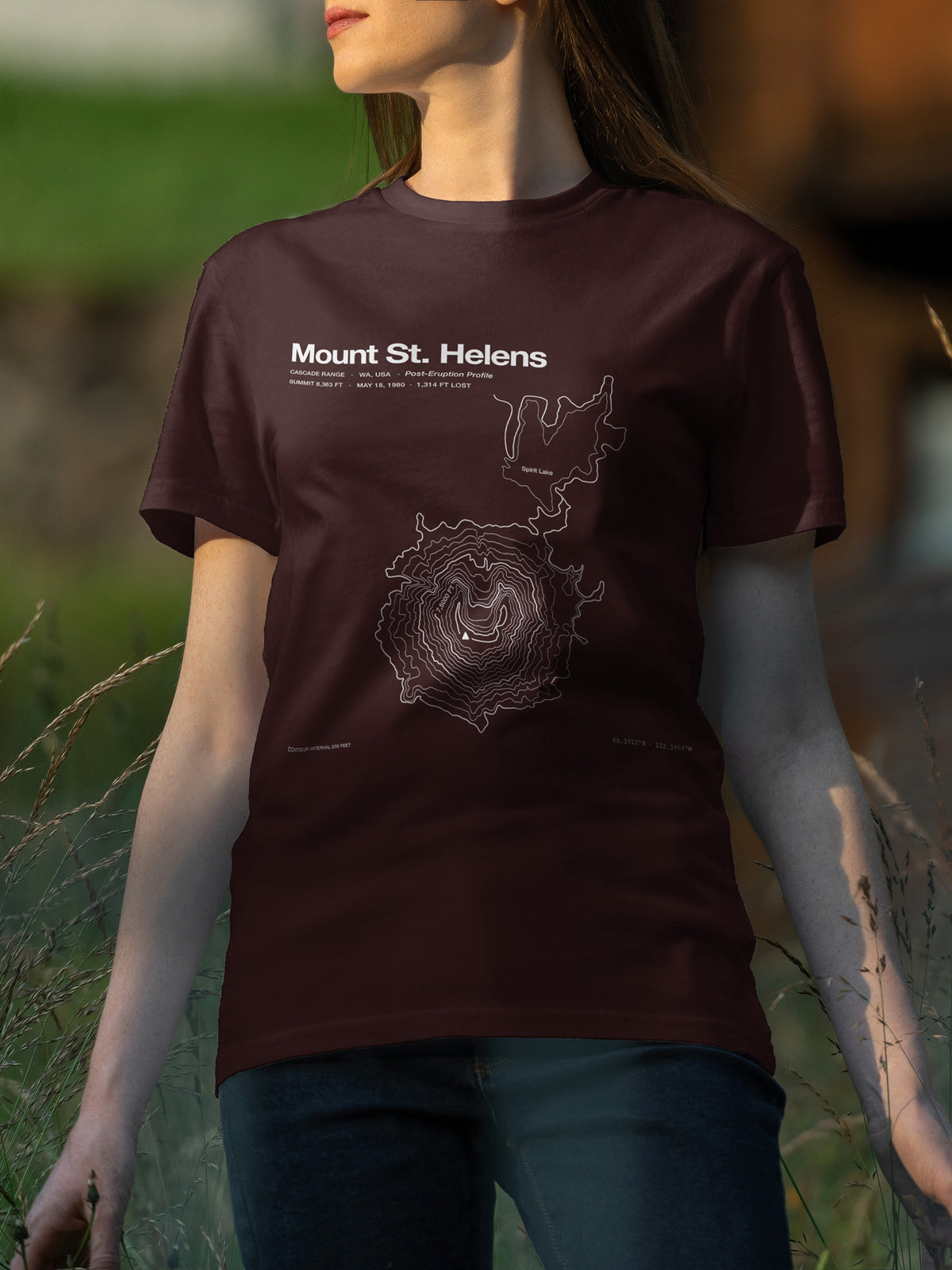 Mount St. Helens silhouette topographic map T-shirt, lifestyle photo