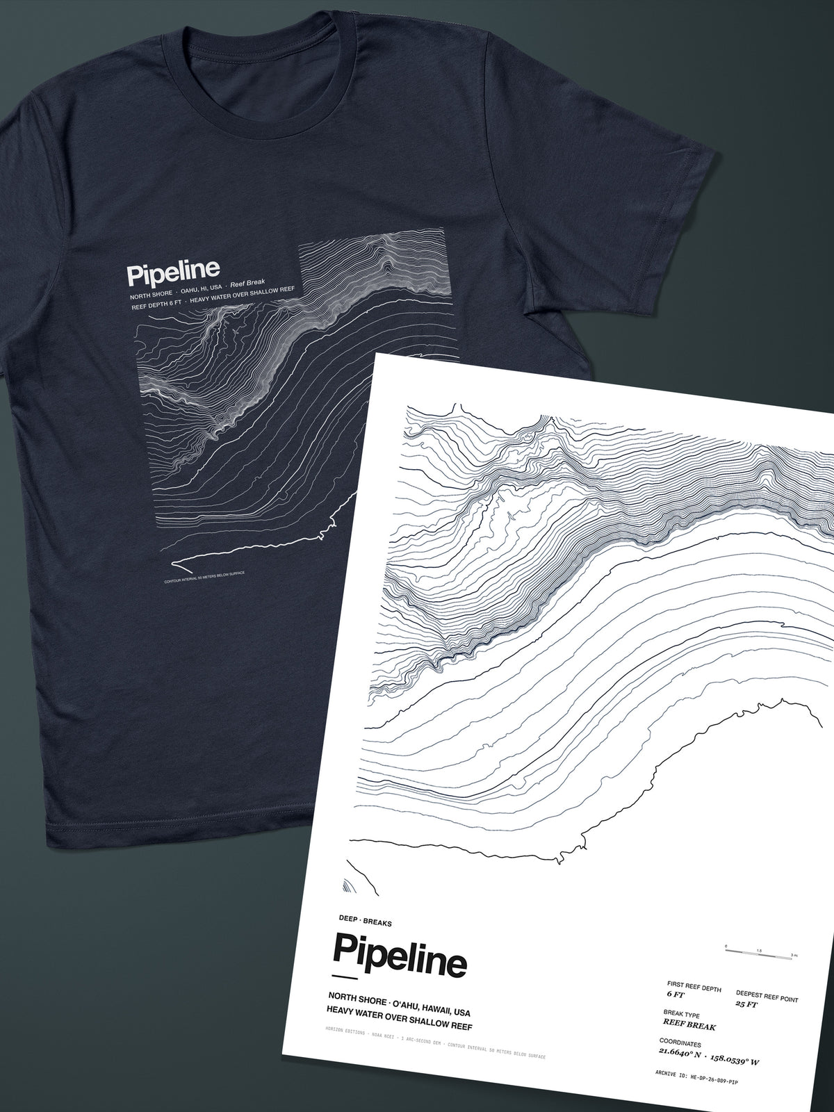 Pipeline, Banzai reef Complete Edition: bathymetric map T-shirt in Navy