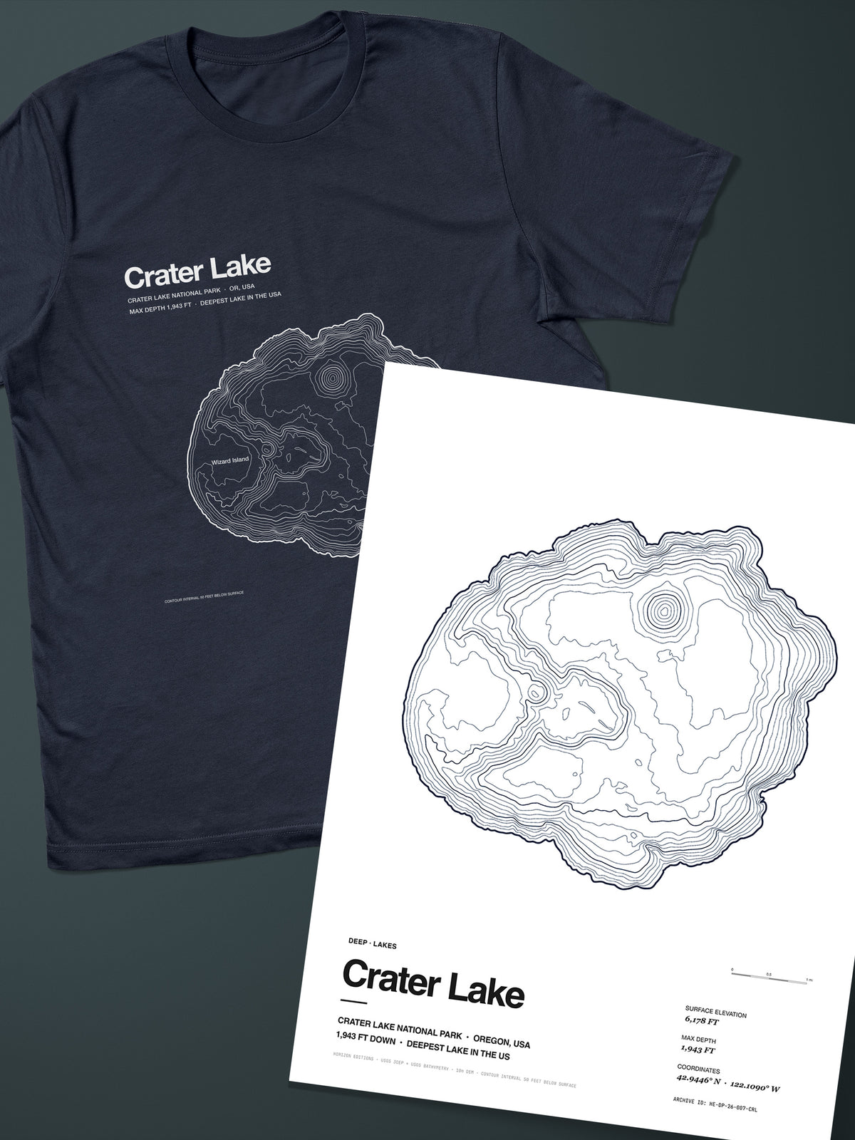 Crater Lake Complete Edition: bathymetric map T-shirt in Navy