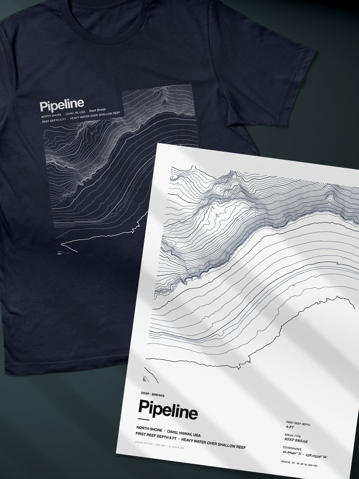 Pipeline (Banzai Reef) Complete Edition - matched contour tee and archival print - Horizon Editions.