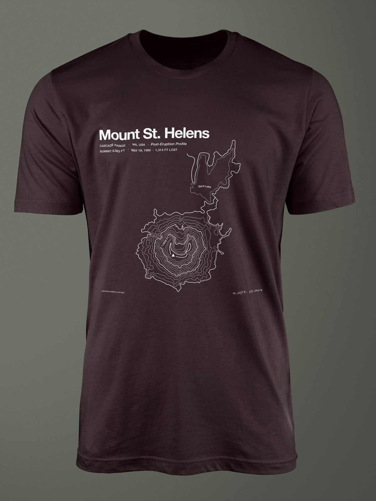 Mount St. Helens silhouette topographic map T-shirt in Oxblood