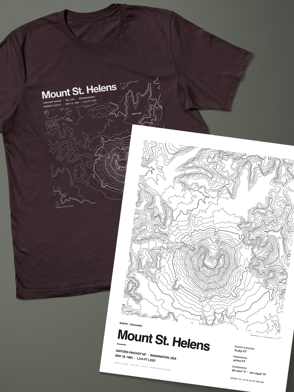 Mount St. Helens Complete Edition: topographic map T-shirt in Oxblood