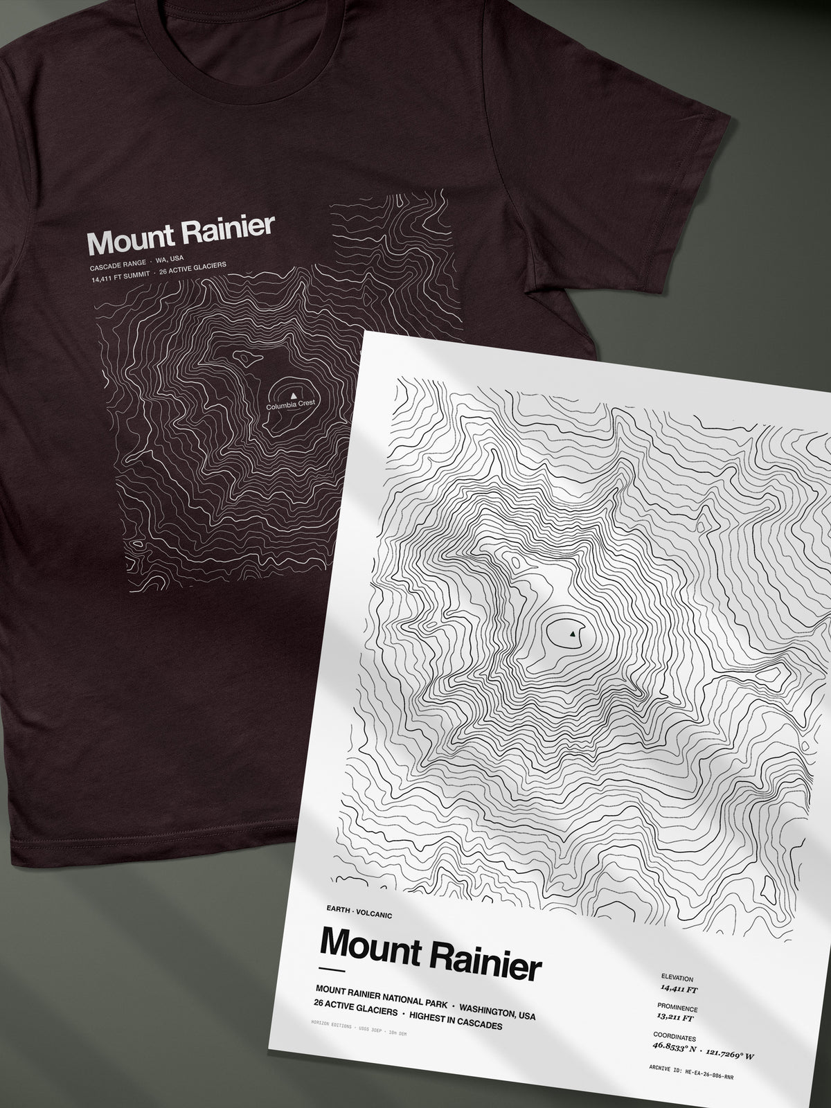 Mount Rainier Complete Edition - matched contour tee and archival print - Horizon Editions.