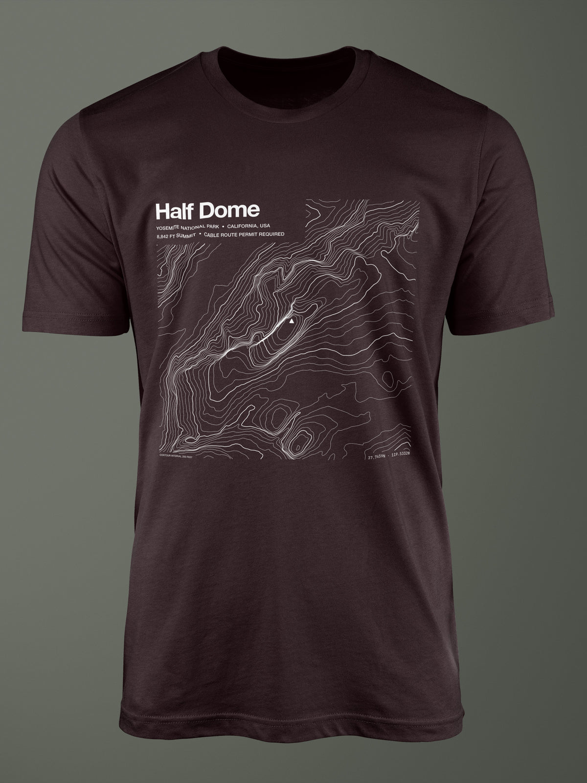 Half Dome topographic map T-shirt in Oxblood