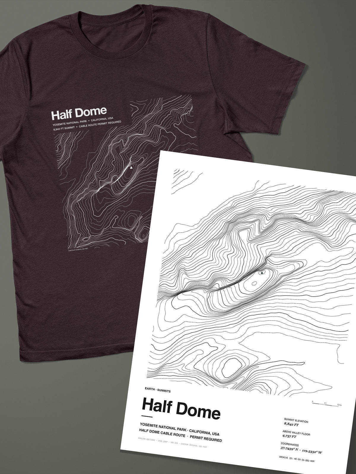 Half Dome Complete Edition: topographic map T-shirt in Oxblood