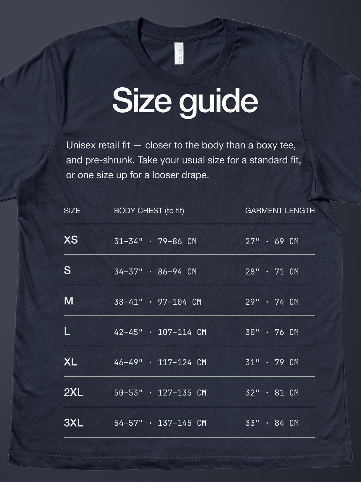 Pipeline, Banzai reef T-shirt size guide: chest and length for each size