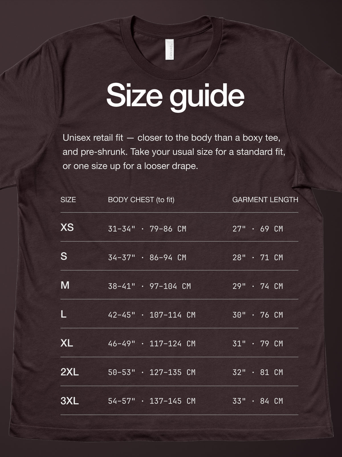 Half Dome T-shirt size guide: chest and length for each size